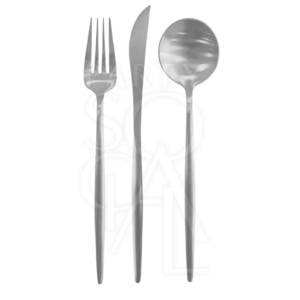 Close-up of the MODERN SILVER Cutlery, showcasing a sleek fork and knife set, ideal for elegant events and crafted from high-quality stainless steel.