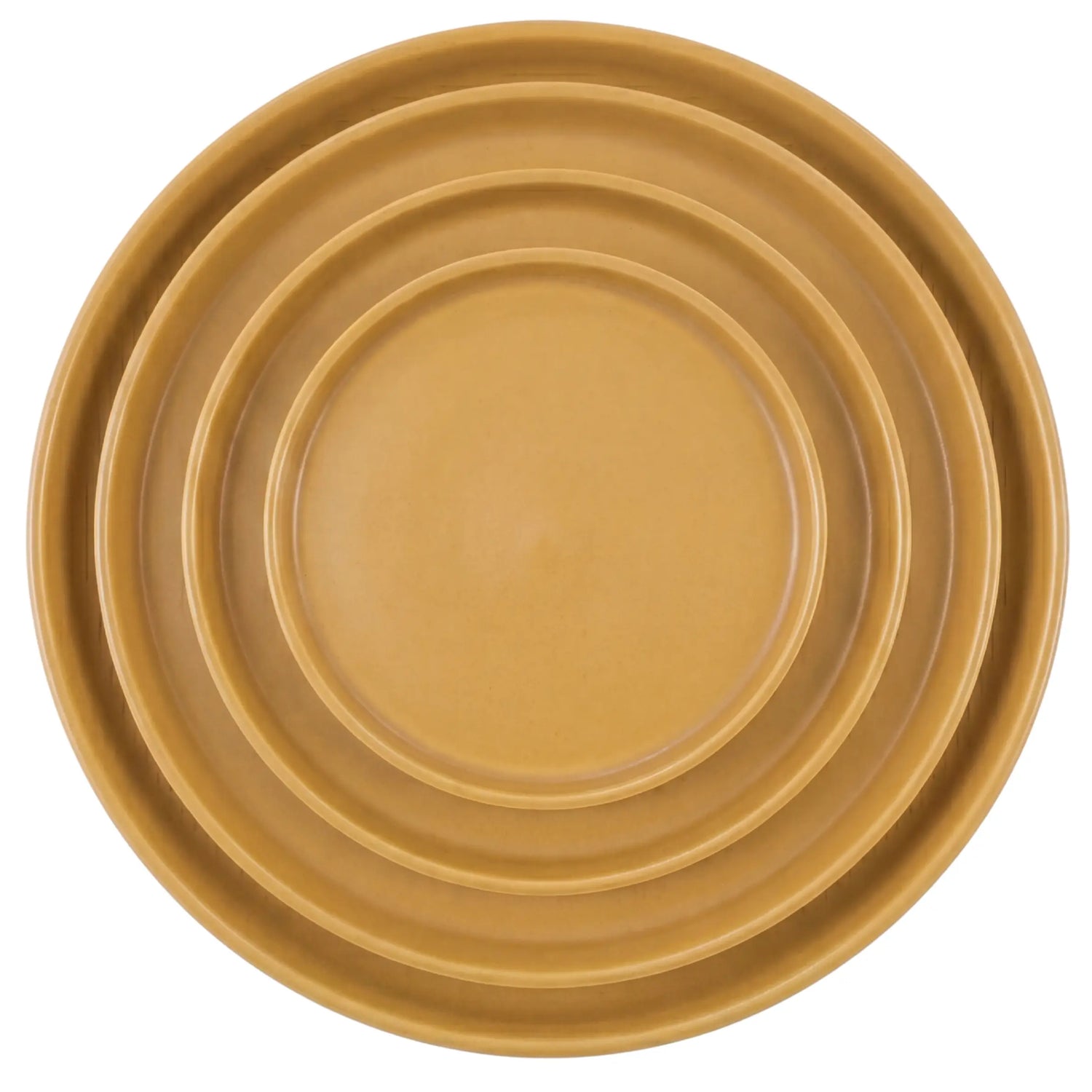 Mustard Ceramic Collection: Nested dinnerware set showcasing modern simplicity, featuring charger, dinner, dessert, and B&amp;B plates with a matte finish for elegant dining.