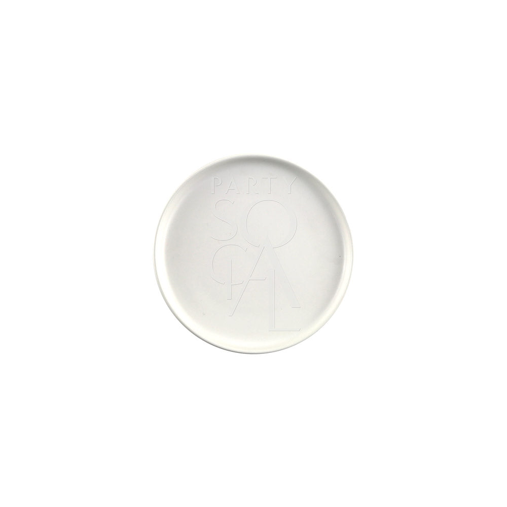 CERAMIC PLATES - WHITE: Elegant white ceramic plate with text, ideal for enhancing table settings at events. Available in multiple sizes for versatile use.