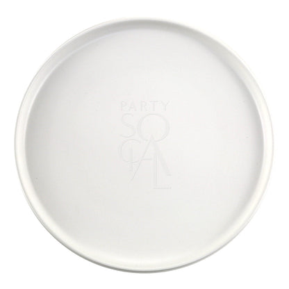 CERAMIC PLATES - WHITE: Elegant white ceramic plate featuring text design, ideal for enhancing dining settings. Perfect for weddings and special occasions. Available in various sizes for versatility.