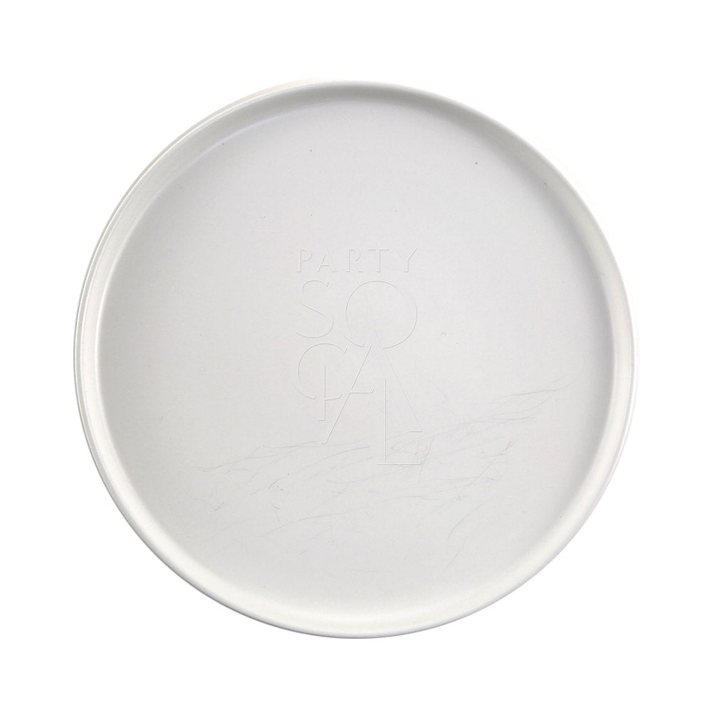 Ceramic Plates - White: A sleek white ceramic plate featuring a logo, perfect for enhancing table settings at events. Available in various sizes.