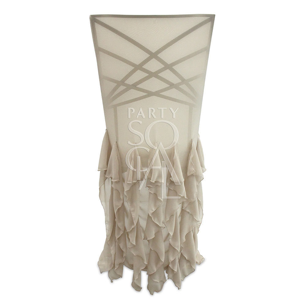 Chair cover with ruffles, designed for Chameleon chairs, showcasing a detailed sand chiffon fabric, ideal for event rentals from Party Social.