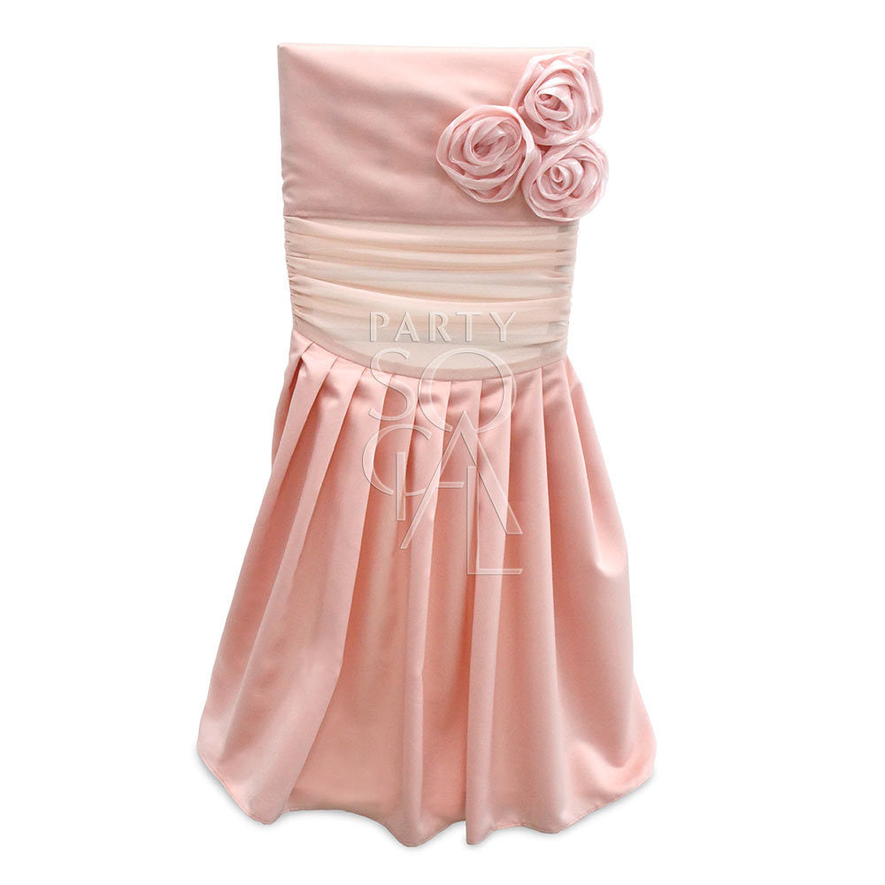 CHAIR COVER PINK SATIN CHIAVARI with flower accents, ideal for enhancing Chiavari chair rentals at weddings or special events.