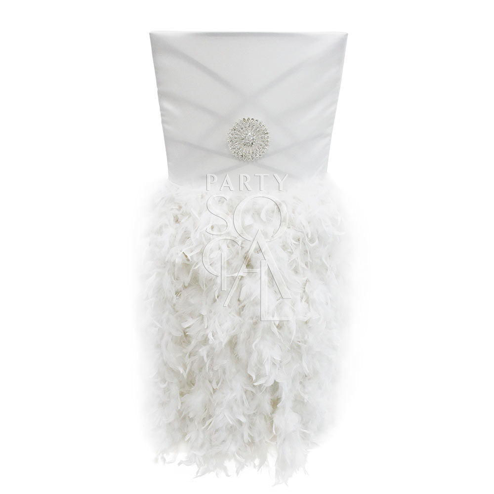 CHAIR COVER FEATHERED OFF WHITE SATIN CHAMELEON: Custom made satin chair cover adorned with white feathers, exclusively for Chameleon chair rentals, ideal for elegant event settings.