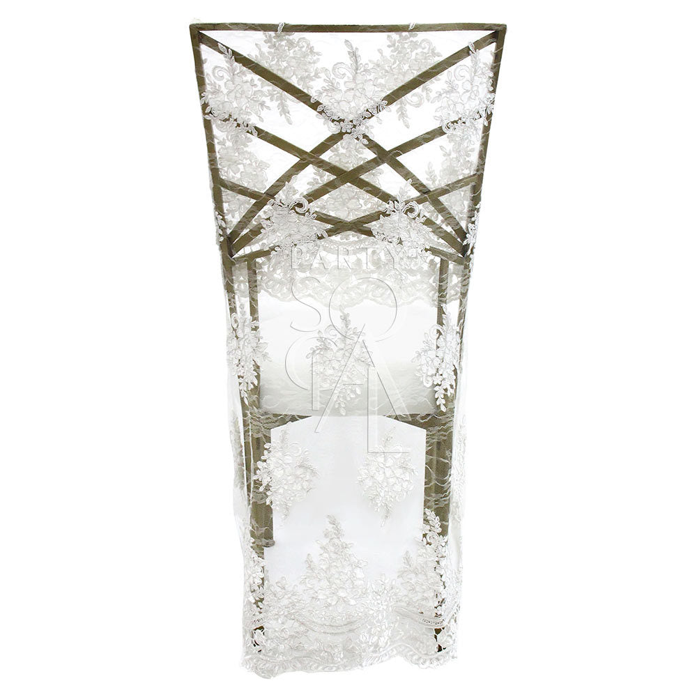 CHAIR COVER FULL LACE CHAMELEON on a Chameleon chair, showcasing intricate lace design suitable for elegant event settings, available exclusively with chair rental from Party Social.