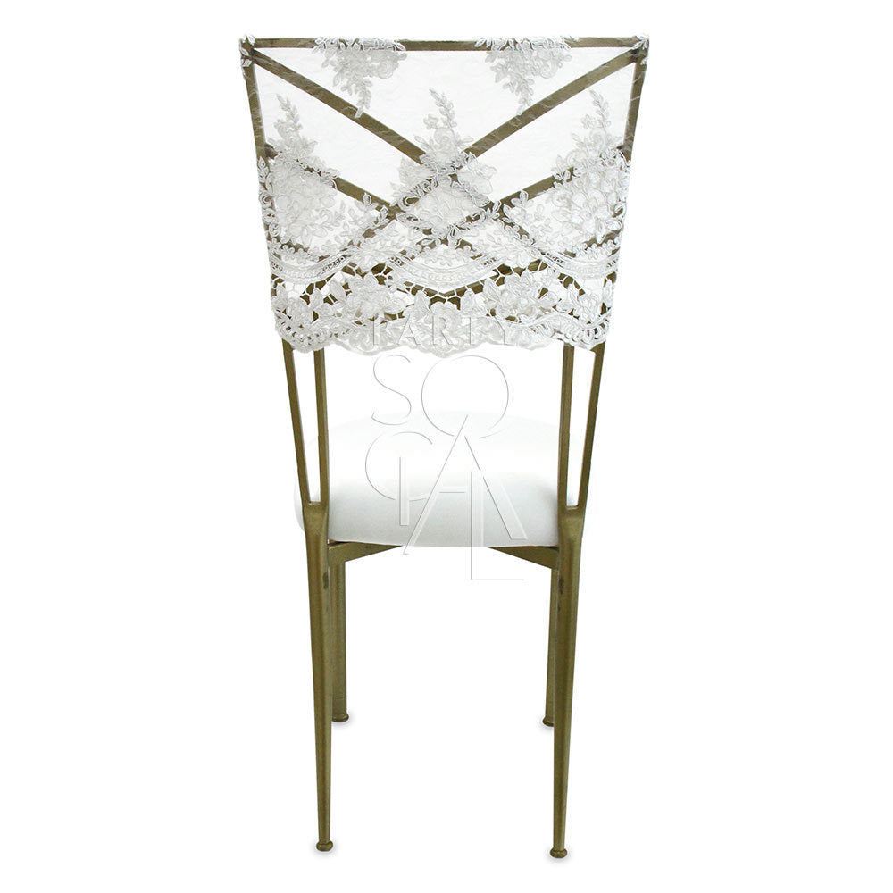 CHAIR COVER LACE CAP CHAMELEON: A stylish lace cap chair cover designed for Chameleon chairs, featuring a delicate lace back, available exclusively with rental at Party Social.