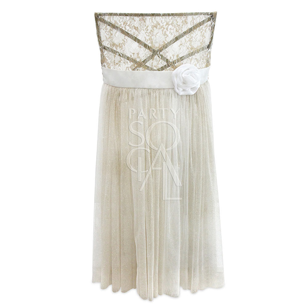 CHAIR COVER LACE WITH FULL TULLE CHAMELEON featuring white lace and tulle, embellished with a white fabric flower, designed for elegant Chameleon chairs.