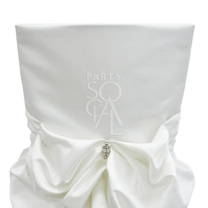 CHAIR COVER OFF WHITE SATIN DRAPED CHIAVARI featuring an elegant bow, tailored for Chiavari chair rentals, ideal for weddings and special events.