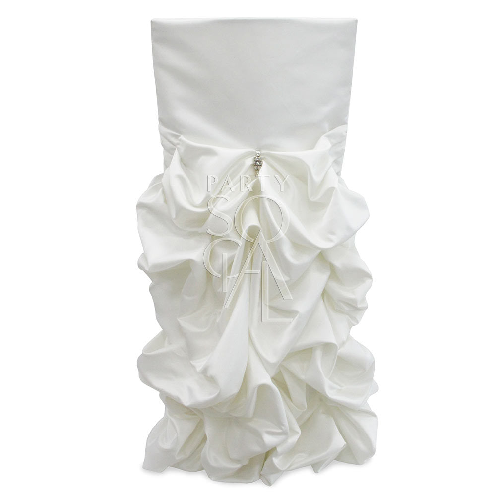 Off white satin draped chair cover with ruffled fabric, designed for Chiavari chairs, perfect for elegant event settings.