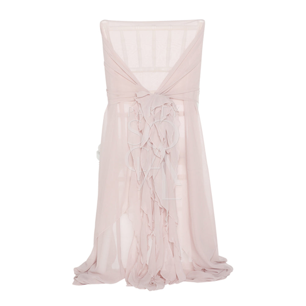 CHAIR COVER BLUSH PINK RUFFLED CHIAVARI, featuring a pink chiffon fabric with ruffles, designed to fit over Chiavari chairs for elegant event settings.
