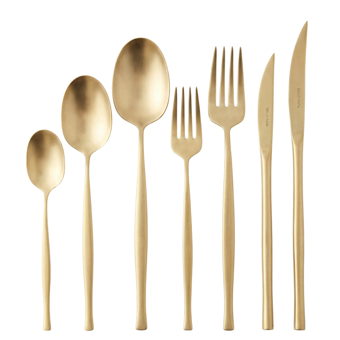 Champagne Modern Cutlery Collection: Gold-tone flatware set includes teaspoon, dessert spoon, table spoon, salad fork, dinner fork, butter knife, and dinner knife with BELLO INOX engraving.