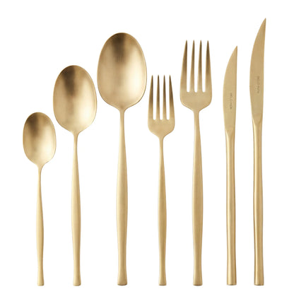 Champagne Modern Cutlery Collection: Gold-tone flatware set includes teaspoon, dessert spoon, table spoon, salad fork, dinner fork, butter knife, and dinner knife with BELLO INOX engraving.