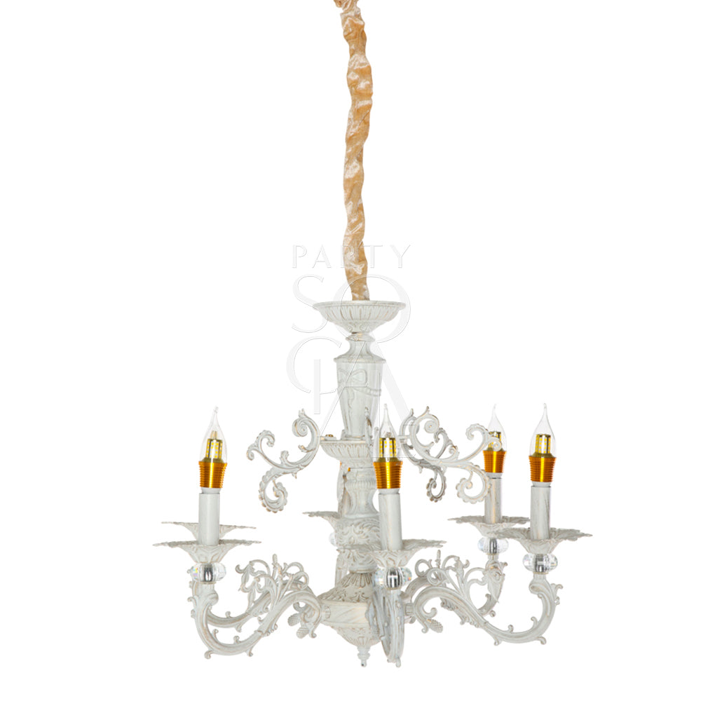 Crystal Chandelier featuring candles, gold and silver lights, ideal for creating a classy ambiance at events. Perfect for weddings and special occasions.