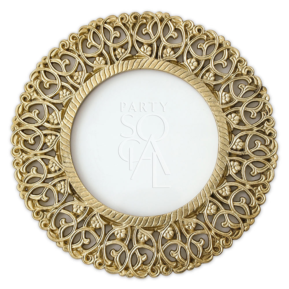 CHARGER PLATE - BRASS: An ornate brass charger plate with a clear insert, ideal for enhancing elegant tablescapes at weddings or special events.