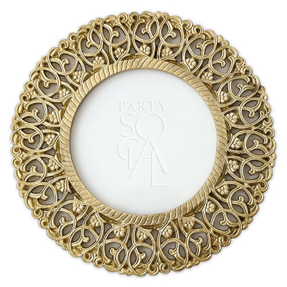 CHARGER PLATE - BRASS: An ornate brass charger plate with a clear insert, ideal for enhancing elegant tablescapes at weddings or special events.