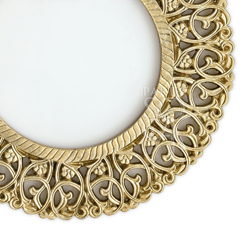 Charger Plate - Brass: Ornate brass charger plate with clear insert, ideal for elegant tablescapes at weddings or dinner events. 33cm diameter.