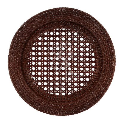 CHARGER PLATE - RATTAN: A detailed view of a woven brown wicker charger plate, ideal for enhancing rustic or boho-themed events with a warm, organic touch.