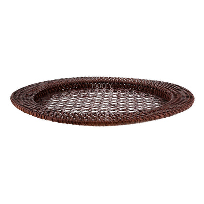 CHARGER PLATE - RATTAN: Close-up of a brown rattan charger plate, ideal for adding rustic charm to event tablescapes.