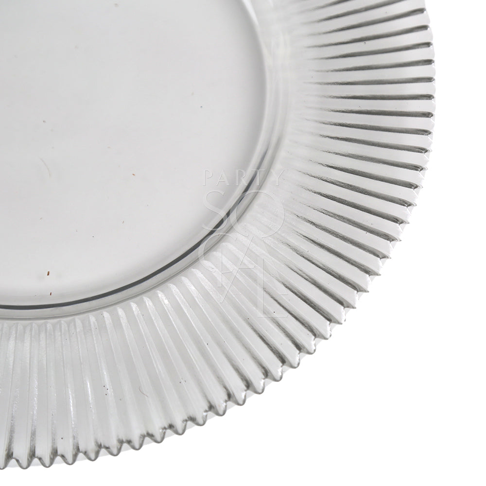 CHARGER PLATE - LINED: Close-up of a premium white-lined glass charger plate, ideal for elevating table settings at events. Diameter: 33cm.