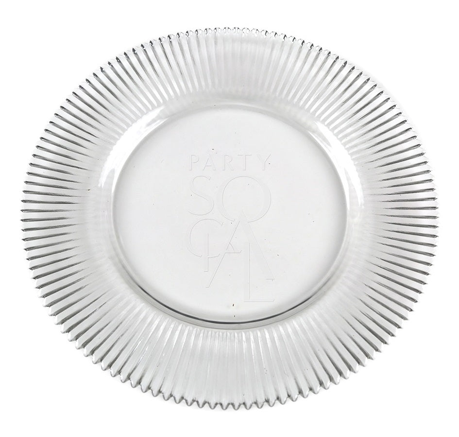 CHARGER PLATE - LINED: Elegant scalloped-edge glass plate, perfect for enhancing table settings at parties and events. 33cm diameter, ideal for rental or purchase from Party Social.