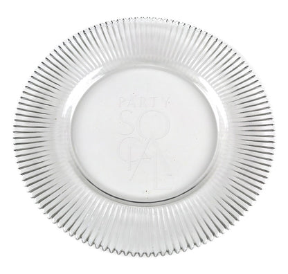 CHARGER PLATE - LINED: Elegant scalloped-edge glass plate, perfect for enhancing table settings at parties and events. 33cm diameter, ideal for rental or purchase from Party Social.