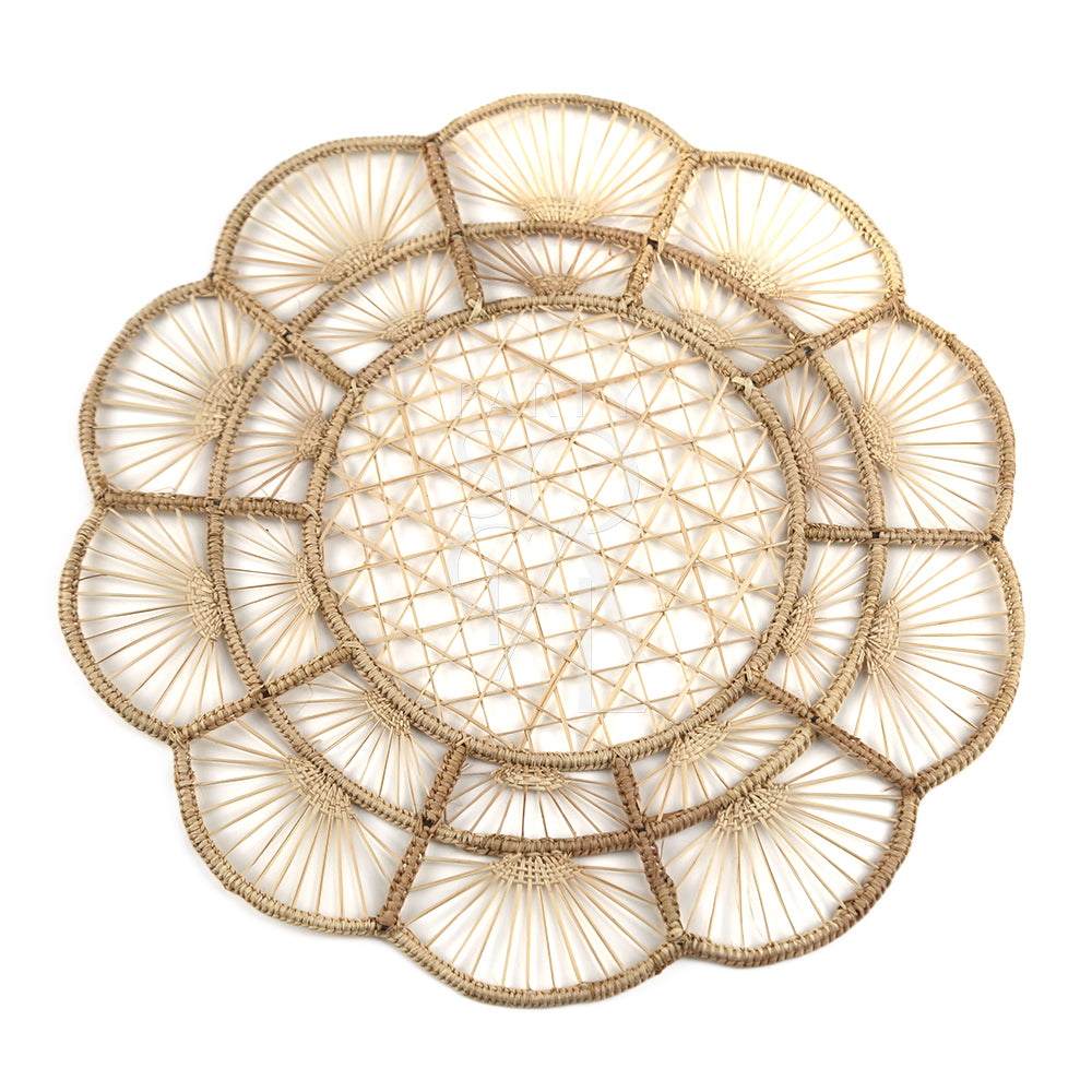 Charger plate featuring floral rattan wire design, perfect for rustic or boho-themed events. Adds warmth to tablescape indoors or out. Dimensions: 37cm Dia. From Party Social, your go-to for event essentials. Tableware rentals from Party Social Dubai.