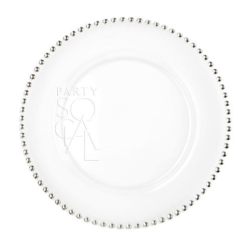 CHARGER PLATE - BEADED: Elegant beaded glass charger plate, perfect for enhancing any table setting at parties and events. Measures 33cm in diameter.