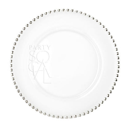 CHARGER PLATE - BEADED: Elegant beaded glass charger plate, perfect for enhancing any table setting at parties and events. Measures 33cm in diameter.