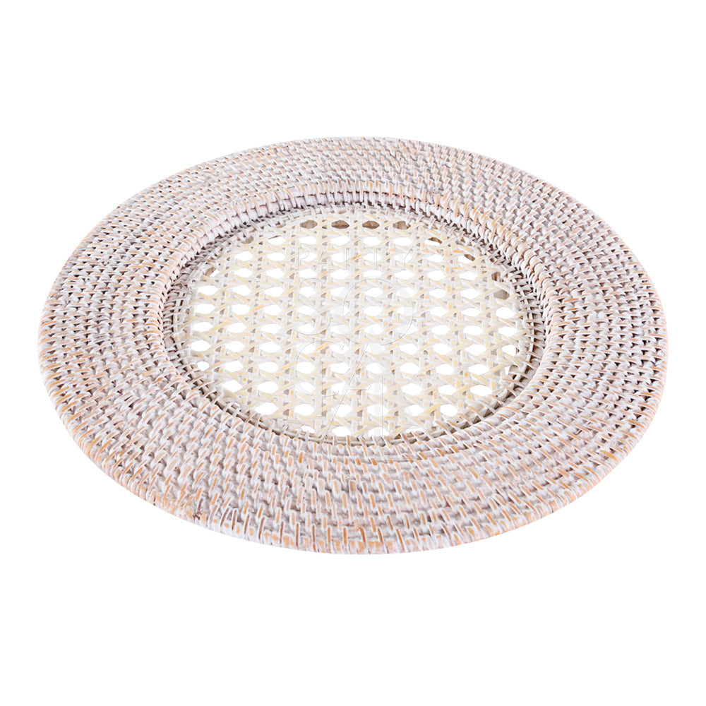 Rattan charger plate with intricate woven design, ideal for rustic or boho-themed events, enhancing any tablescape with its unique texture and style.