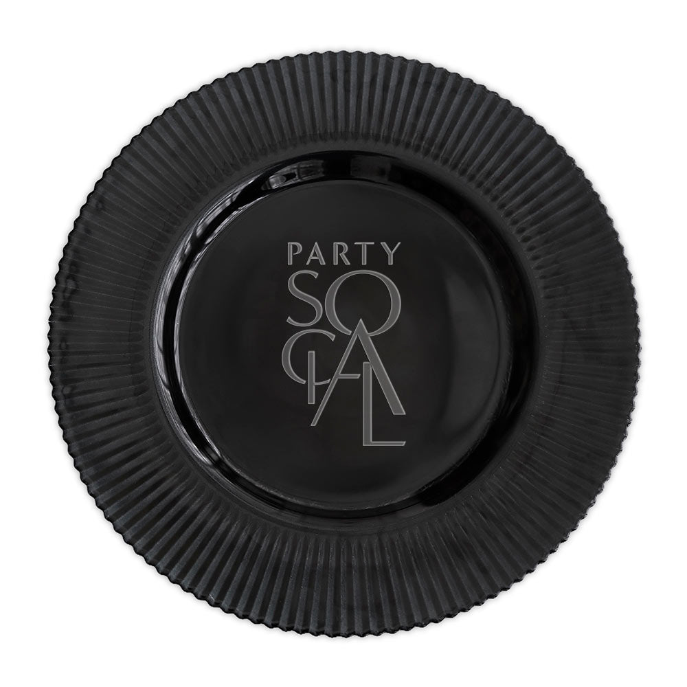 CHARGER PLATE - LINED: Elegant black plate featuring a silver logo, ideal for enhancing party or event table settings.