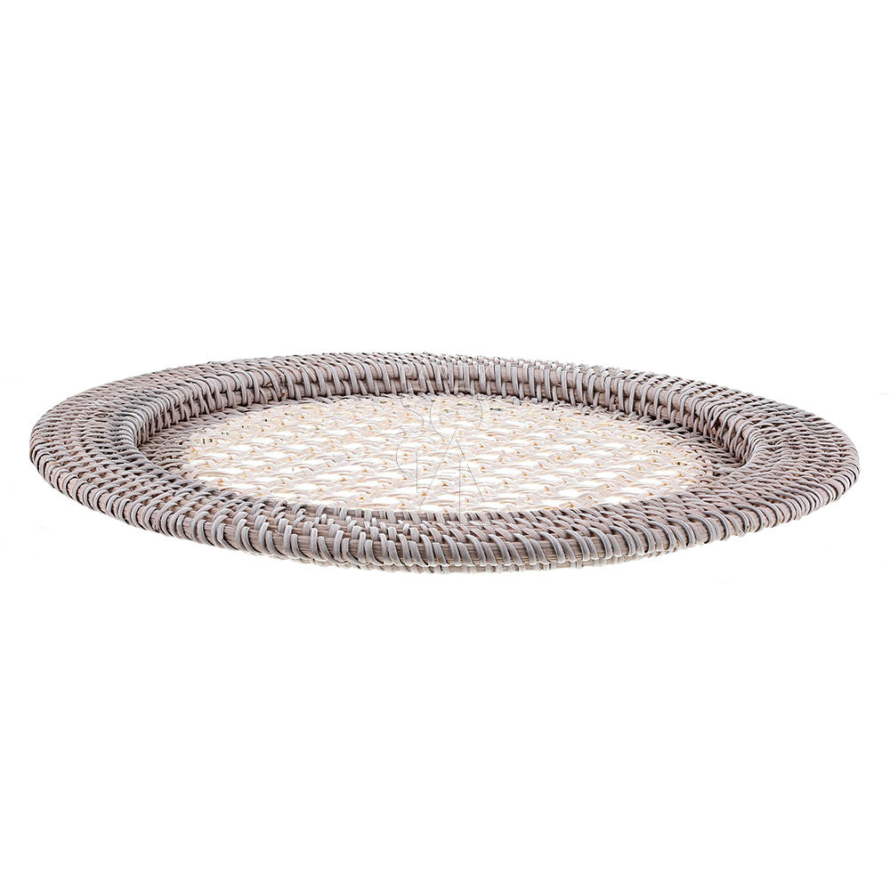 CHARGER PLATE - RATTAN: A round, woven rattan plate ideal for rustic and boho-themed events, enhancing table settings with organic charm. Measures 32cm in diameter.