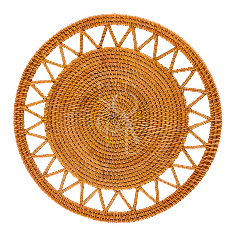 Close-up of the CHARGER PLATE-RATTAN WOVEN, a natural rattan charger plate ideal for rustic or boho-themed events, enhancing tablescapes with warmth.