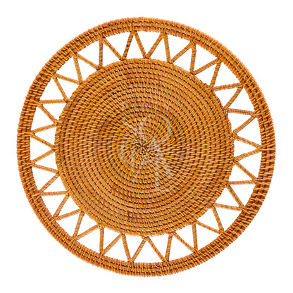 Close-up of the CHARGER PLATE-RATTAN WOVEN, a natural rattan charger plate ideal for rustic or boho-themed events, enhancing tablescapes with warmth.