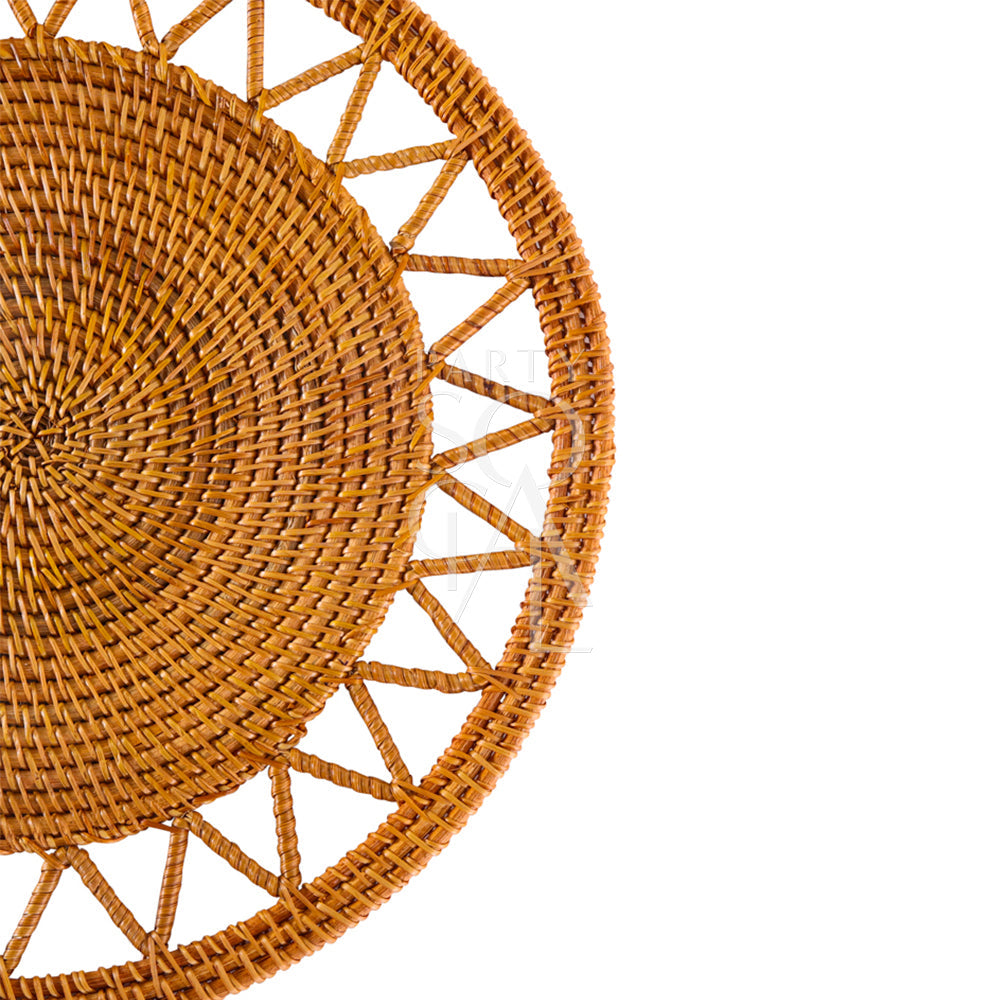 Rattan woven charger plate, close-up view highlighting intricate wicker design, ideal for rustic or boho-themed events from Party Social.