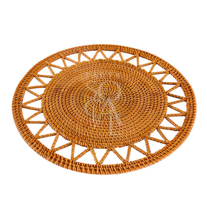 Rattan woven charger plate with a circular design, ideal for rustic or boho-themed events; perfect for enhancing tablescapes at indoor or outdoor gatherings.