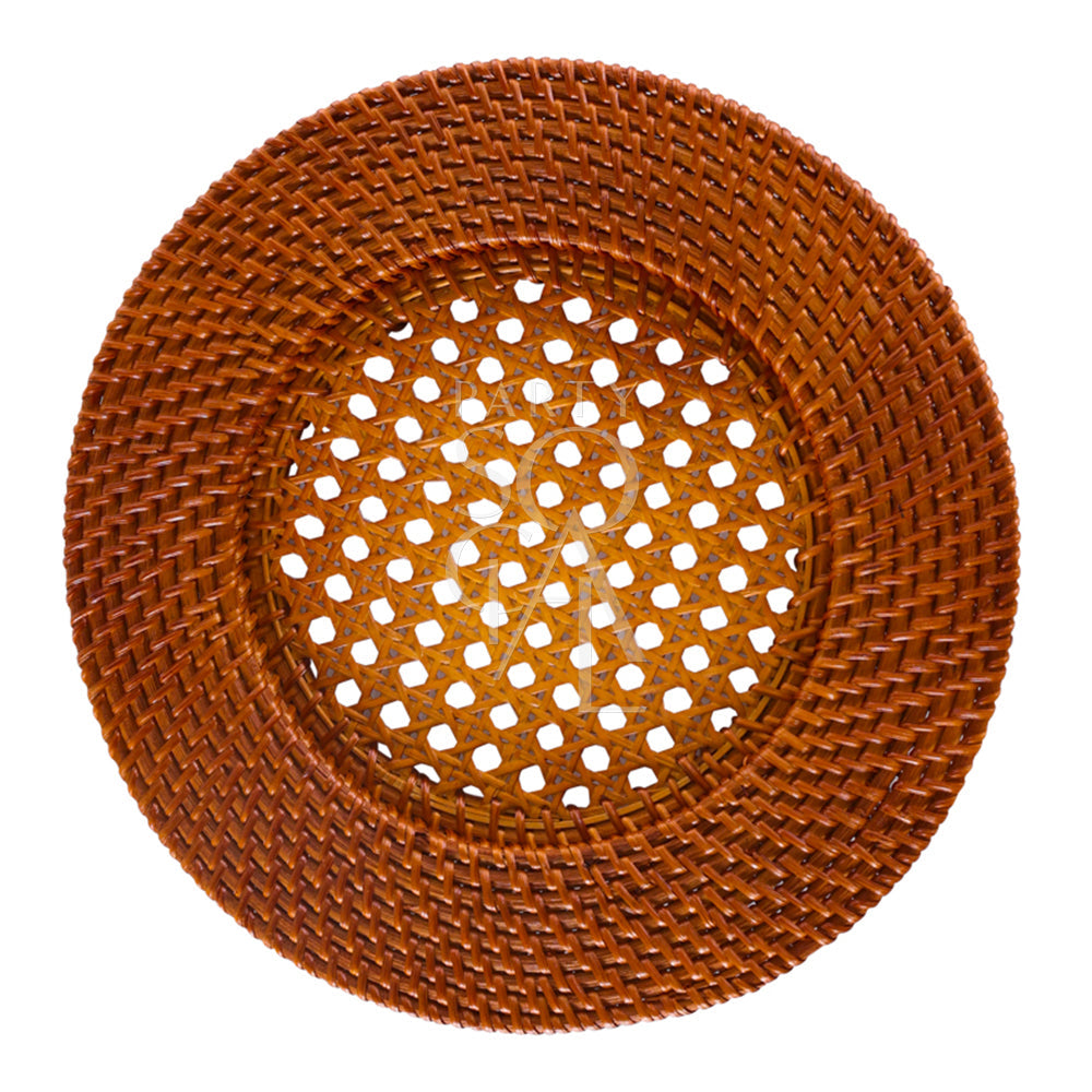 Charger Plate - Rattan: Close-up of a brown woven rattan charger plate with a circular pattern, ideal for rustic or boho-themed events.