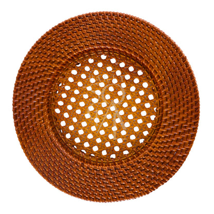 Charger Plate - Rattan: Close-up of a brown woven rattan charger plate with a circular pattern, ideal for rustic or boho-themed events.