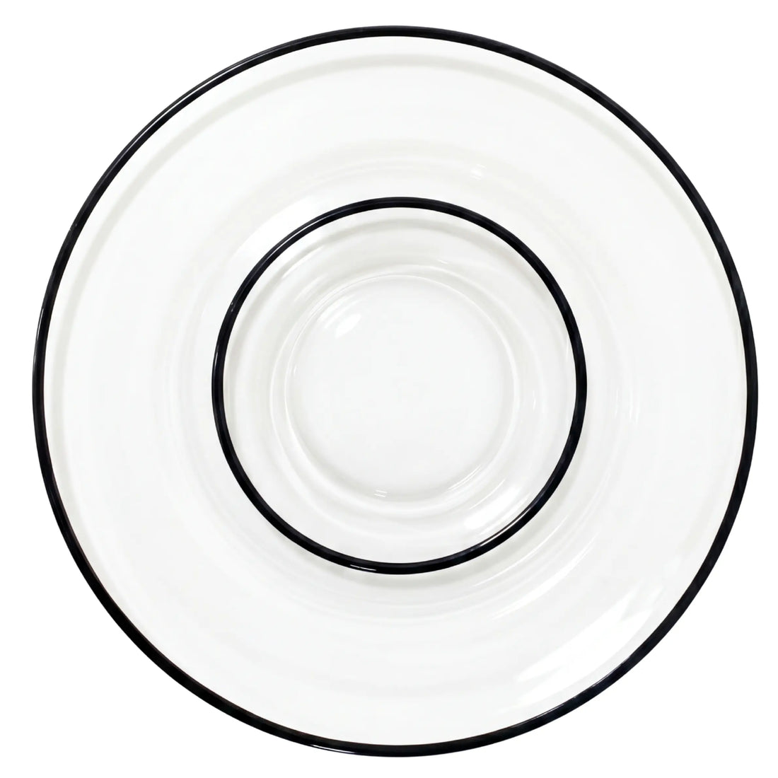 Concentric clear glass plates with black rims from the Clear Plate W/Black Rim Collection, showcasing modern elegance for refined table settings.
