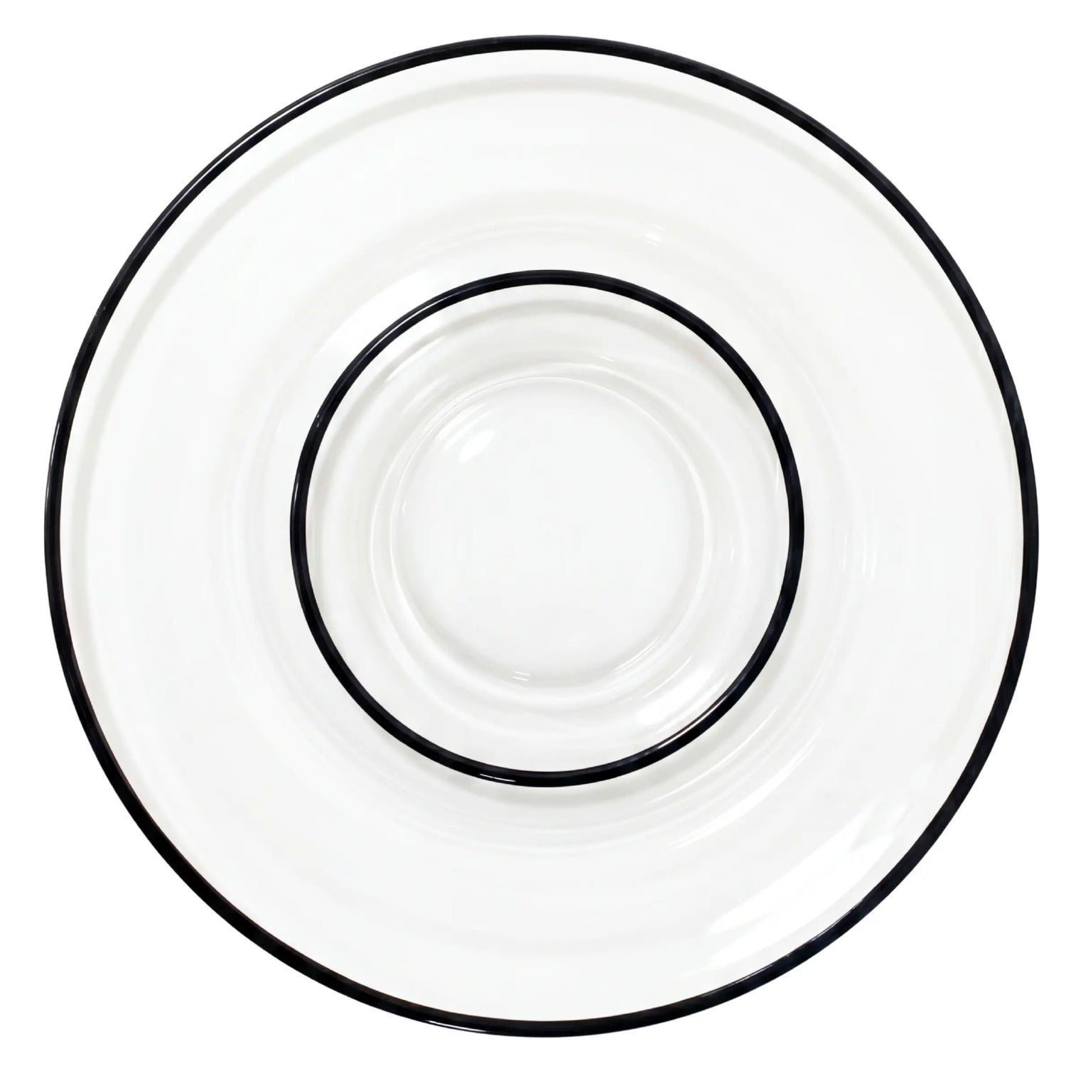 Concentric clear glass plates with black rims from the Clear Plate W/Black Rim Collection, showcasing modern elegance for refined table settings.