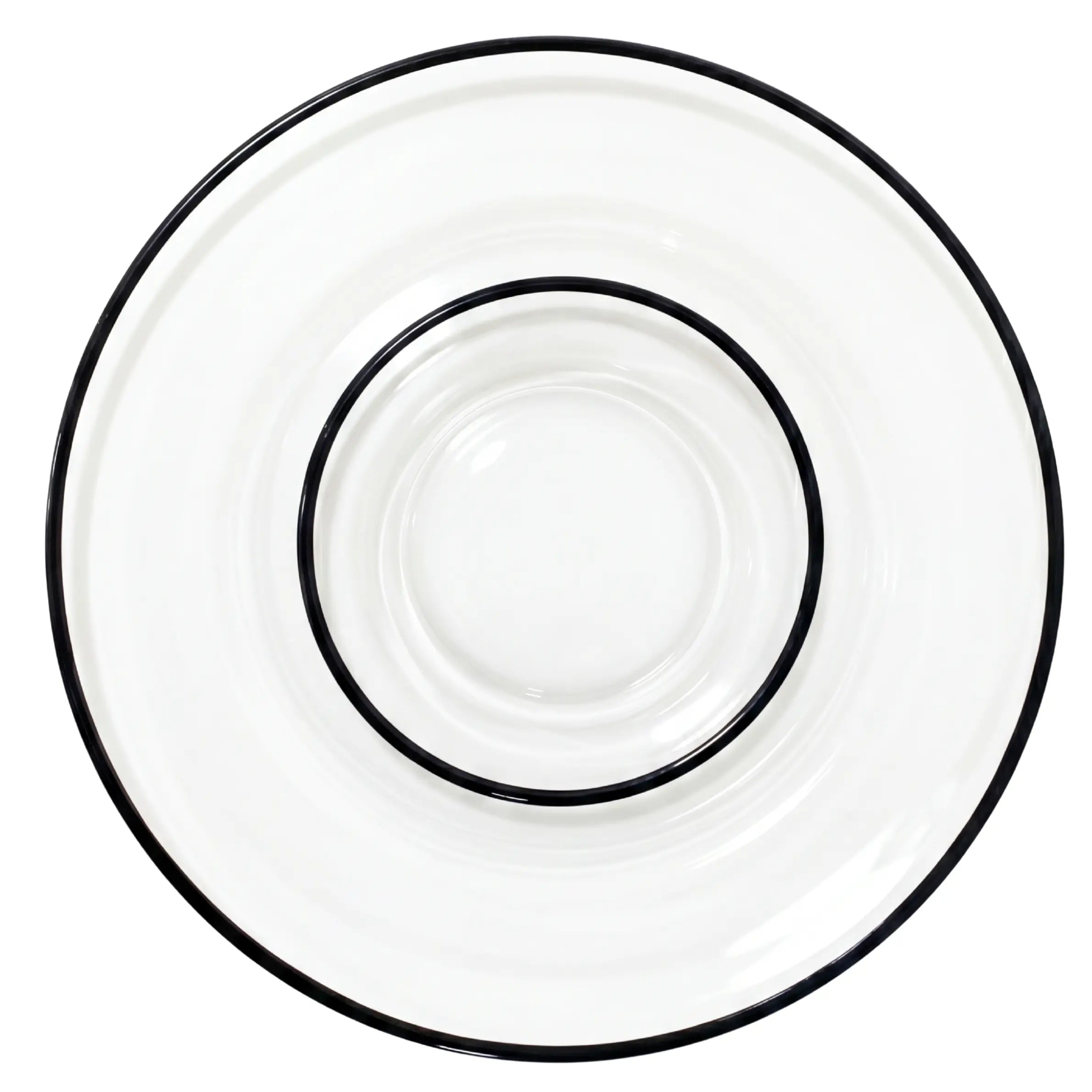 Concentric clear glass plates with black rims from the Clear Plate W/Black Rim Collection, showcasing modern elegance for refined table settings.