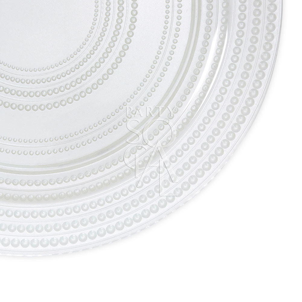 Charger Plate - Pearl: Premium glass plate with circular pattern and pearl detailing, perfect for enhancing elegant table settings. Ideal for events and special occasions.