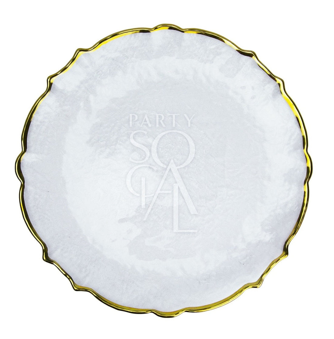 CHARGER PLATE - CLEAR PEARL W/ GOLD RIM, elegantly designed with a gold-trimmed edge, ideal for luxurious dinner settings, measuring 33cm in diameter.