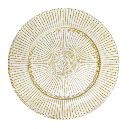 CHARGER PLATE- CLEAR RADIAL GOLD with a modern white and gold circular pattern, ideal for luxurious table settings, measuring 33 cm in diameter.