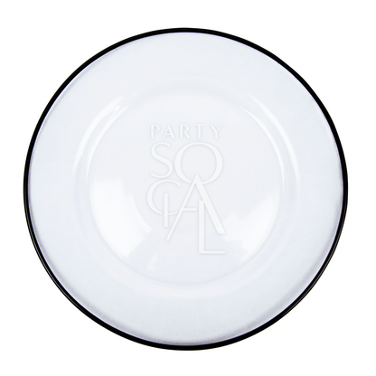 CHARGER PLATE - CLEAR W/ BLACK RIM: Modern-style plate with black rim, ideal for elegant table settings. Perfect for enhancing luxurious dining experiences.