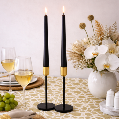 Noir &amp; Gold Signature Gift Box with black taper candles, geometric tablecloth, and floral centerpiece, perfect for sophisticated Ramadan gatherings and gifting.