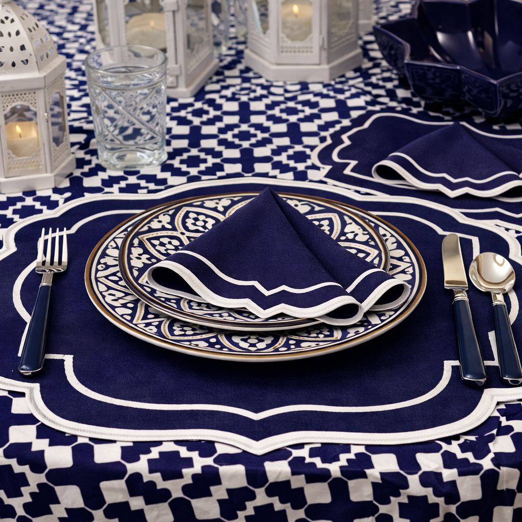 Iftar Table Edit Gift Box: Elegant blue-and-white place setting with floral plates, navy napkin, and blue-handled flatware, perfect for sophisticated dining experiences.