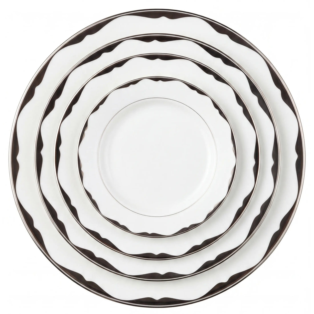 China Premium Collection: A nested stack of five round, white ceramic serving plates with dark wavy-edge borders, featuring elegant, streamlined platinum design for sophisticated dining settings.