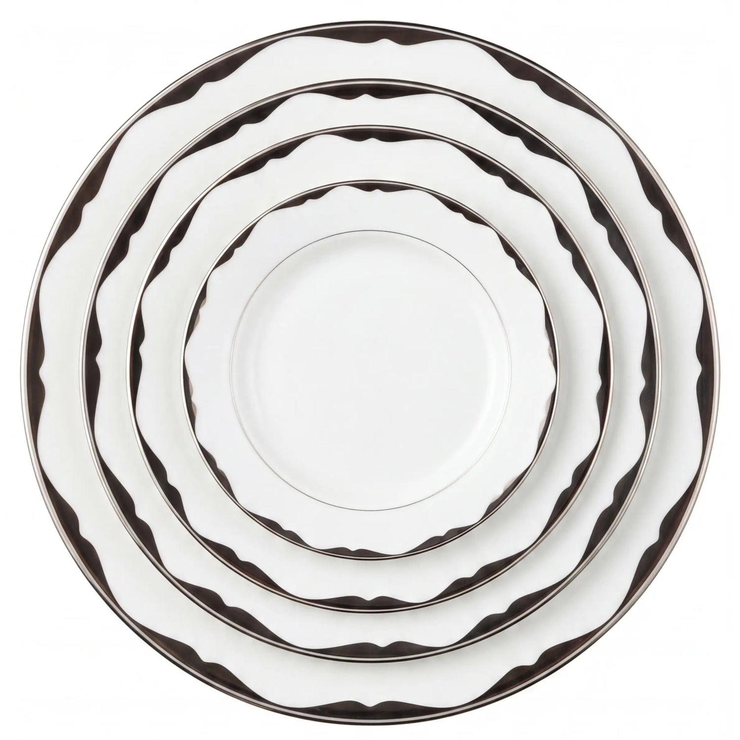 China Premium Collection: A nested stack of five round, white ceramic serving plates with dark wavy-edge borders, featuring elegant, streamlined platinum design for sophisticated dining settings.