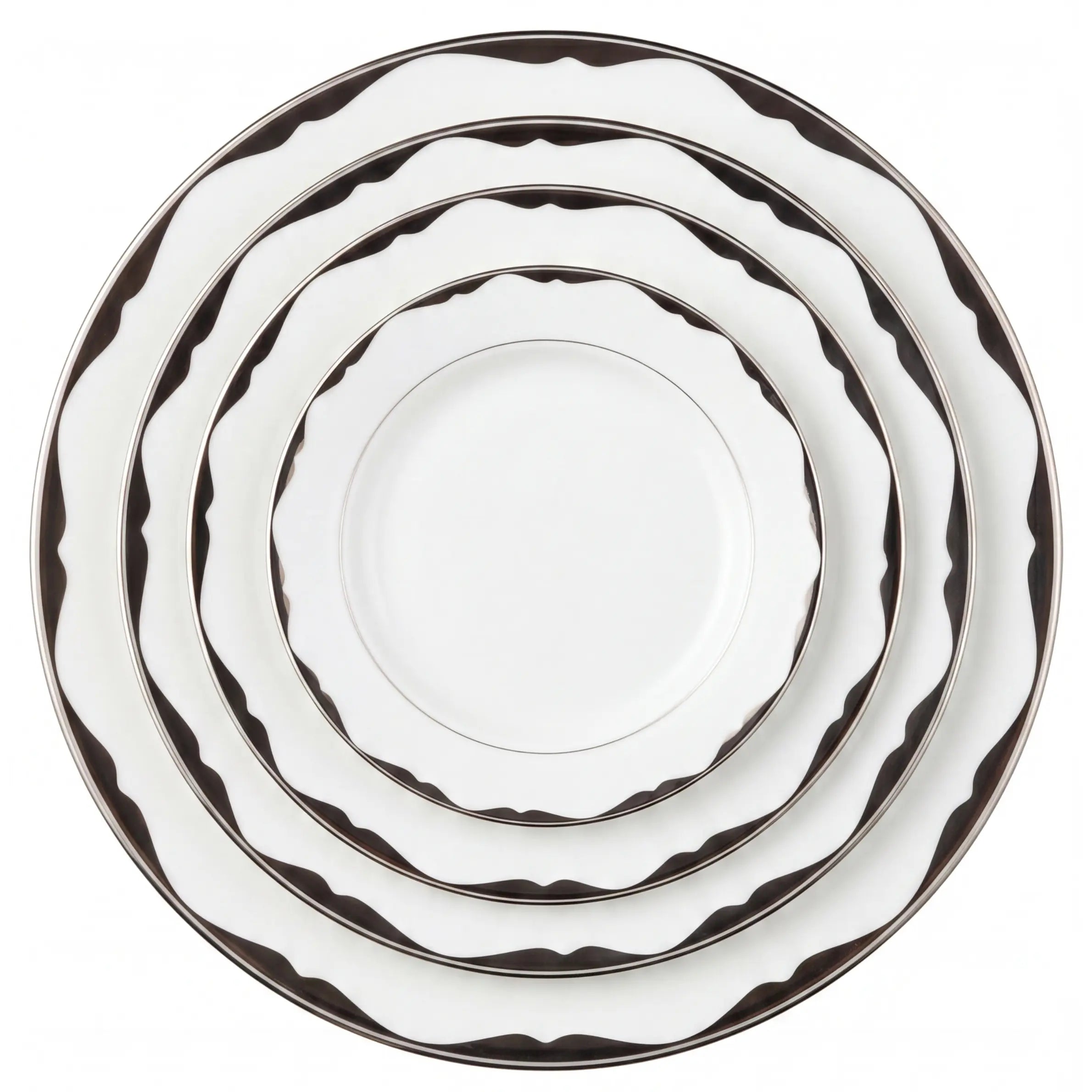 China Premium Collection: A nested stack of five round, white ceramic serving plates with dark wavy-edge borders, featuring elegant, streamlined platinum design for sophisticated dining settings.