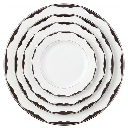 China Premium Collection: A nested stack of five round, white ceramic serving plates with dark wavy-edge borders, featuring elegant, streamlined platinum design for sophisticated dining settings.